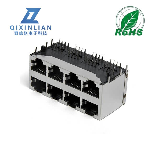 RJ45双排16口-2x4平弹90度无灯屏蔽网络插座国标耐高温连接器接口