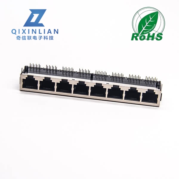 8口RJ45插座全屏蔽以太网连接器弯式插板1*8